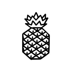 Hand drawn monochrome icon of pineapple fruit with leaf isolated on white background. Tropical fruit coloring page. Simple doodle sketch. Symbol of exotic summer, vitamin, healthy. Vector illustration
