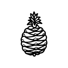 Hand drawn monochrome icon of pineapple fruit with leaf isolated on white background. Tropical fruit coloring page. Simple doodle sketch. Symbol of exotic summer, vitamin, healthy. Vector illustration