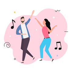 Young happy dancing guy and girl isolated on a white background. Smiling young man and woman enjoy a dance party. Flat style. Vector illustration