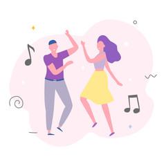 Young happy dancing guy and girl isolated on a white background. Smiling young man and woman enjoy a dance party. Flat style. Vector illustration