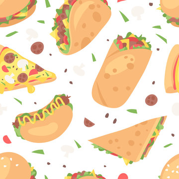 Cartoon drawing set of fast food. Hand drawn meal.Actual Vector illustration american cuisine. Creative ink art work burger, tacos, pizza, sandwich, hot dog