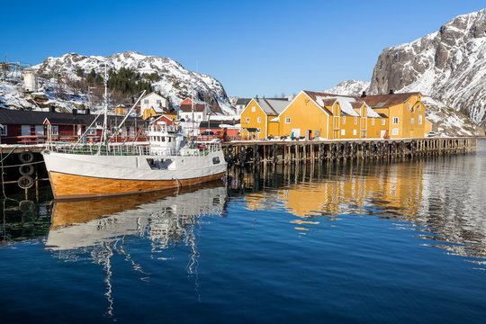 Little village Nusfjord on Lofoten islands during a sunny winter day