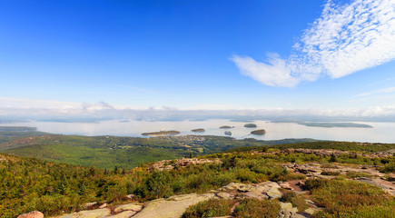 Fototapeta na wymiar Panoramic view of Bar Harbor with cruise ships and cluster of small islands from Cadillac Mountain in Acadia National Park, Maine USA