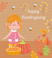 happy thanksgiving day cute girl with cake pumpkin bees and autumn leaves