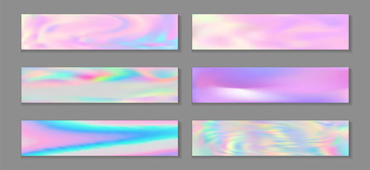 Holographic surreal banner horizontal fluid gradient unicorn backgrounds vector set. Foil neon holo 