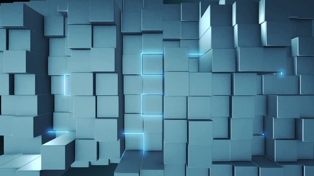 3d render abstract background. Complex digital wall with random elements. Square geometry with bright glow elements. Complex details. Loopable sequence.