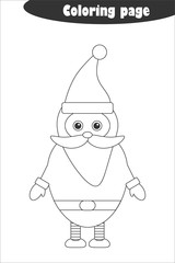 Santa Claus in cartoon style, coloring page, christmas education paper game for the development of children, kids preschool activity, printable worksheet, vector illustration