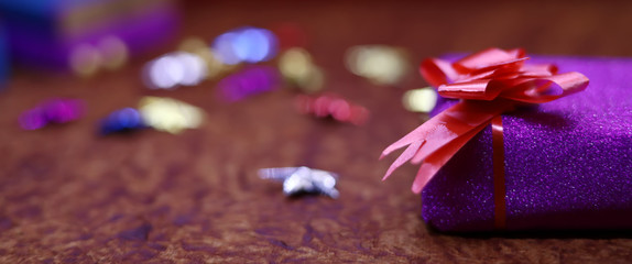 Christmas background with gifts and stars - Merry Christmas and Happy New Year.