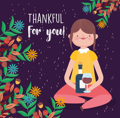 happy thanksgiving day cute woman with wine bottle and glass