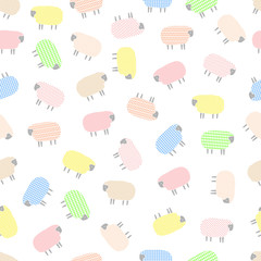 Cute sheep on white background. Vector seamless pattern with colorful farm animals with vintage texture. Delicate design for wrapping paper, textile, fabric, baby's stuff