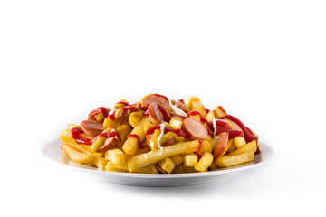 Typical Latin America Salchipapa. Sausages with fries, ketchup, mustard and mayo, isolated on white background