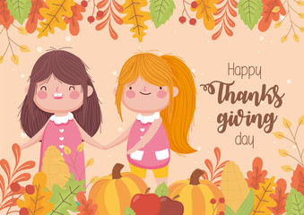happy thanksgiving day cute little girls with pumpkins and fall foliage