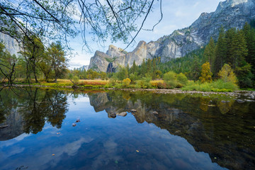landscape view of mountain  and river in yosemite national park, california, active family vacation concept