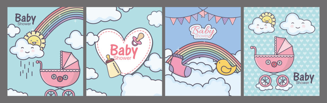 baby shower pink pram heart rainbow clouds cards - Powered by Adobe