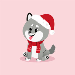 Christmas illustration with husky puppy in santas hat and with scarf. Vector.