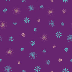 Seamless floral pattern with pink and blue flowers scattered random on purple background for fabric design, seamless vector