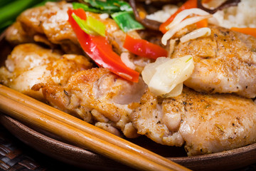 Fried pieces of chicken.