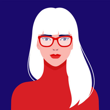 Portrait of a young beautiful, Asian fashion woman in eyeglasses, vector flat illustration. Asian cute girl avatar.