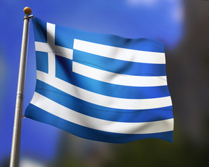Greek flag waving in blue sky