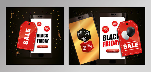 set poster of black friday with smartphone and decoration vector illustration design