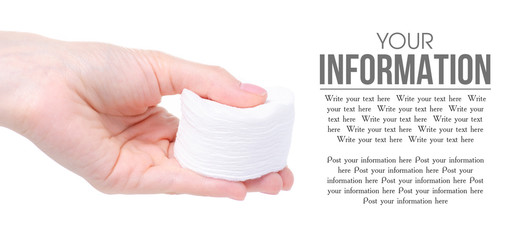 Wadded cotton pads in hand beauty and care on white background isolation, space for text