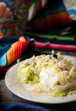 Burrito with refried beans, rice, chicken, topped with lettuce, sour cream, guacamole, Monterey jack cheese, and salsa.