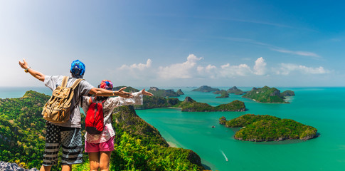 Panorama couple traveler on top of Ang Thong island joy fun view beautiful nature scenic landscape,...