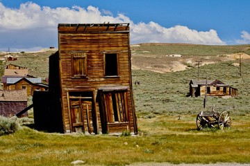 Leaning Shell of the Swasey Hotel in the Mining Ghost Town of Bodie, California, Eastern Sierra Nevada Mountain Range