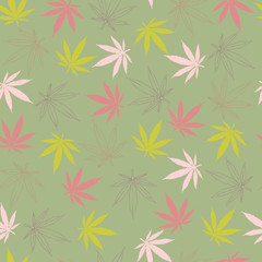 seamless pattern. painted hemp leaves of pink burgundy and light green flowers and the contours of hemp leaves of purple and red on a gray-green background