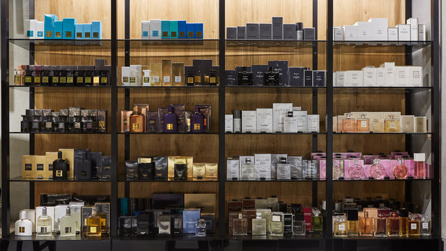 Various brand cosmetics boutiques store in shopping mall. Cosmetics are substances or products used to enhance or alter the appearance or fragrance of the body