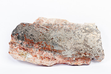 macro mineral bismuth stone on hartenstein schacht on white background