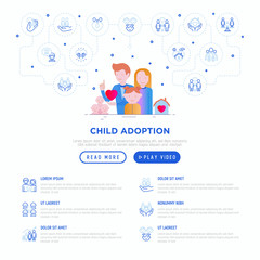 Child adoption concept with thin line icons: adoptive parents, helping hand, orphan, home care, LGBT couple with child, custody, caregivers, happy kid. Vector illustration, template with copy space.