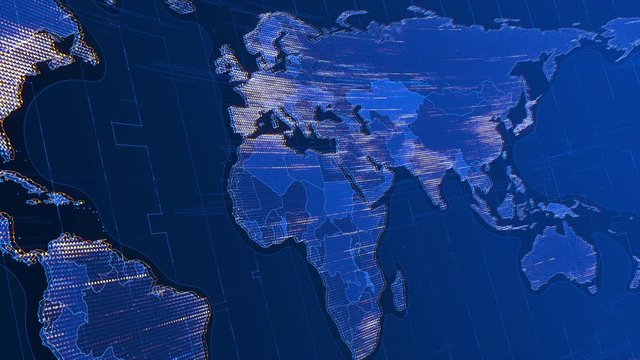 seamless loop 4K motion graphics backdrop of the stylizedt digital world map spinning. Great for news, current events and business