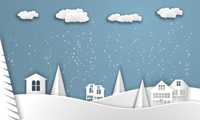 View of the houses and ate in winter. Art paper and craft. Vector image