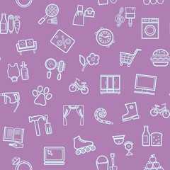 Shops, seamless pattern, color, linear, lilac, vector. Different product categories. A subtle, linear pattern. Bright icons on a lilac field.  