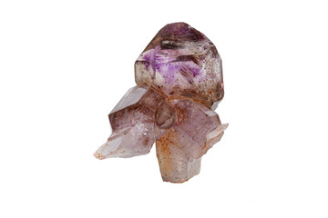 macro mineral stone Amethyst on smoky quartz on a white background