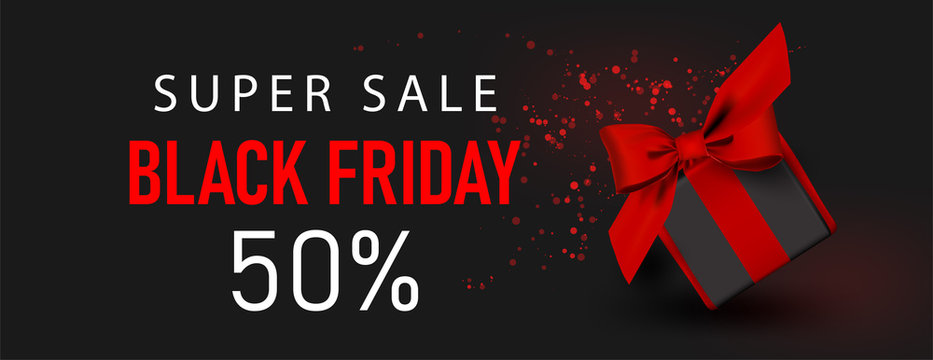 Horizontal black friday super sale with gift box with red bow.Dark background banner, poster, header website. vector illustration.Card promotion design.