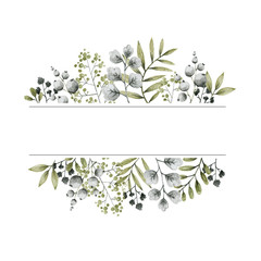 geometric shape frame, green and gray leaves branches and flowers, freehand drawing in pencil illustration, template for design and logo of the invitation wedding, background