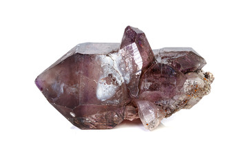 macro mineral stone Amethyst on smoky quartz on a white background