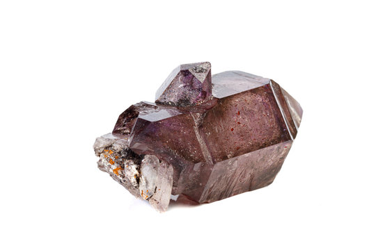 macro mineral stone Amethyst on smoky quartz on a white background