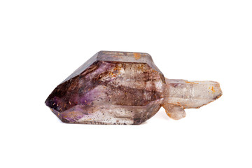 macro mineral stone Amethyst on smoky quartz on a white background