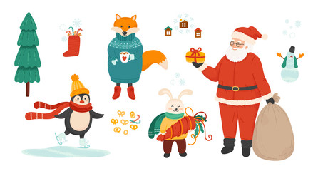 Winter holiday symbols bundle. Christmas celebration vector illustrations set. Santa Claus and cute animals isolated characters on white background.