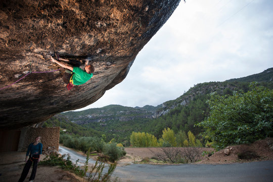 Climber on Darwin Dixit 8b+ (5.14a) at the Laboratori area near Margalef, Spain.