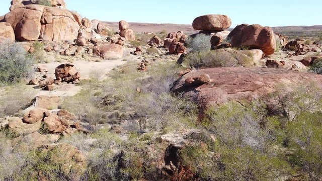 panorama of the boulders in Karlu Karlu, Northern Territory, Australia. Devils Marbles Conservation Reserve are one of Australia's most famous natural wonders. Aboriginal land in Red Centre.