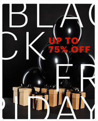 bunch of black balloons and gift boxes isolated on black with black Friday, up to 75 percent illustration