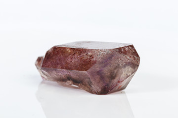 macro mineral stone Amethyst on smoky quartz on a white background