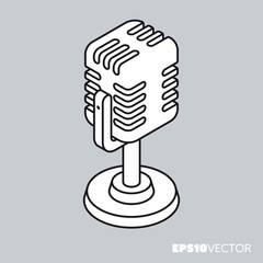 Retro studio microphone isometric vector icon outline symbol with white fill