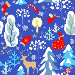 Vintage paper blue seamless background with Christmas pattern with snowy firs, trees, reindeer, angel, candle, candy, sock, mitten, present, paper cutting snowflakes