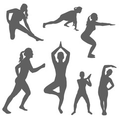 Set of silhouettes of a women engaged sports and fitness. The concept of performing physical exercises by a girl and outdoor activities, healthy lifestyle. Isolated vector on a white background.