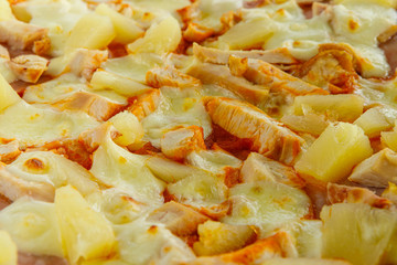 Pizza background. Pizza with sausage and other ingredients close up close up.